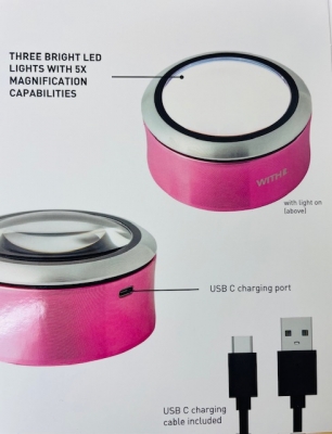 Dome Aluminum LED Lighted Rechargeable Magnifier Pink